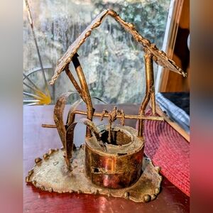 Vintage Enesco Brutillist Copper Wishing Well Sculpture